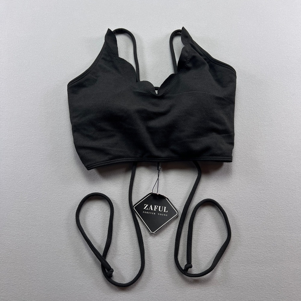Zaful Crop Top Womens S Black Criss Cross Back Spaghetti Strap Scalloped V Neck